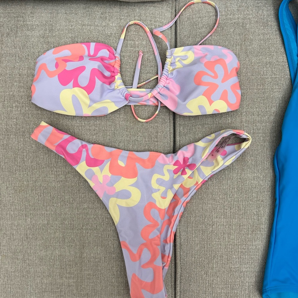Floral Print Bandeau Bikini Set in Lavender, Pink, Coral & Yellow